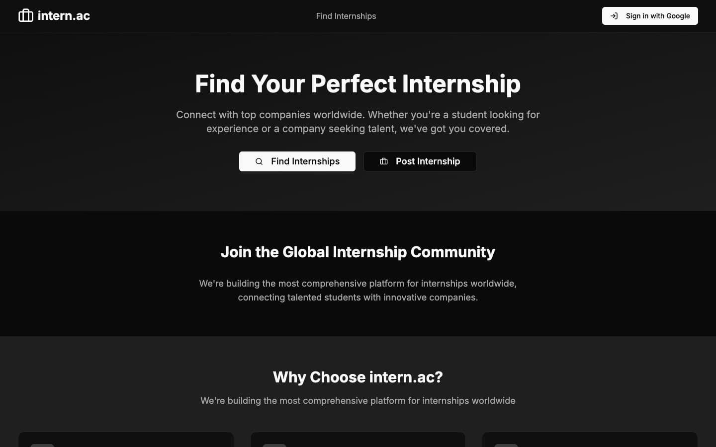 Intern.ac product interface